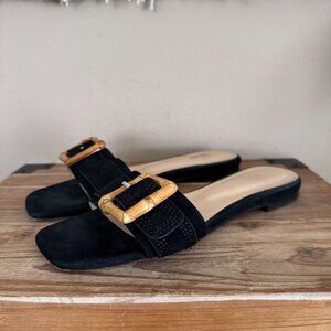 L'AGENCE Aurelie Black Suede Leather Bamboo Buckle Slip On Slide Sandal Size 8.5